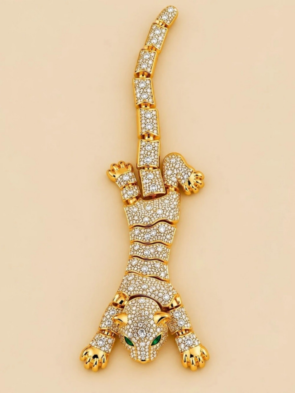 Stunning Gold Tone Articulated Panther Brooch 1 Rhinestone & Green Eyes